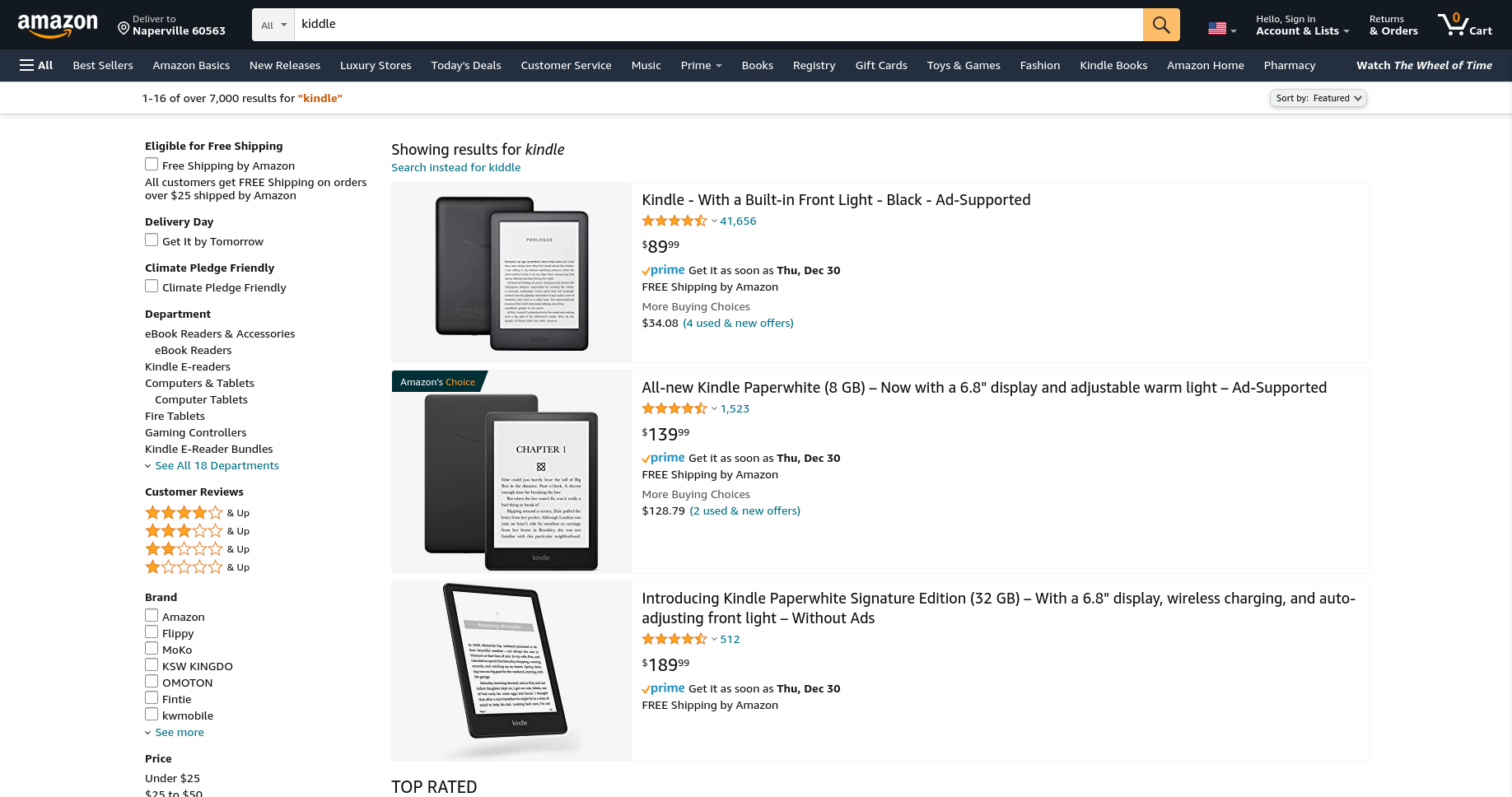 Screenshot of Amazon's website auto-correcting a typo