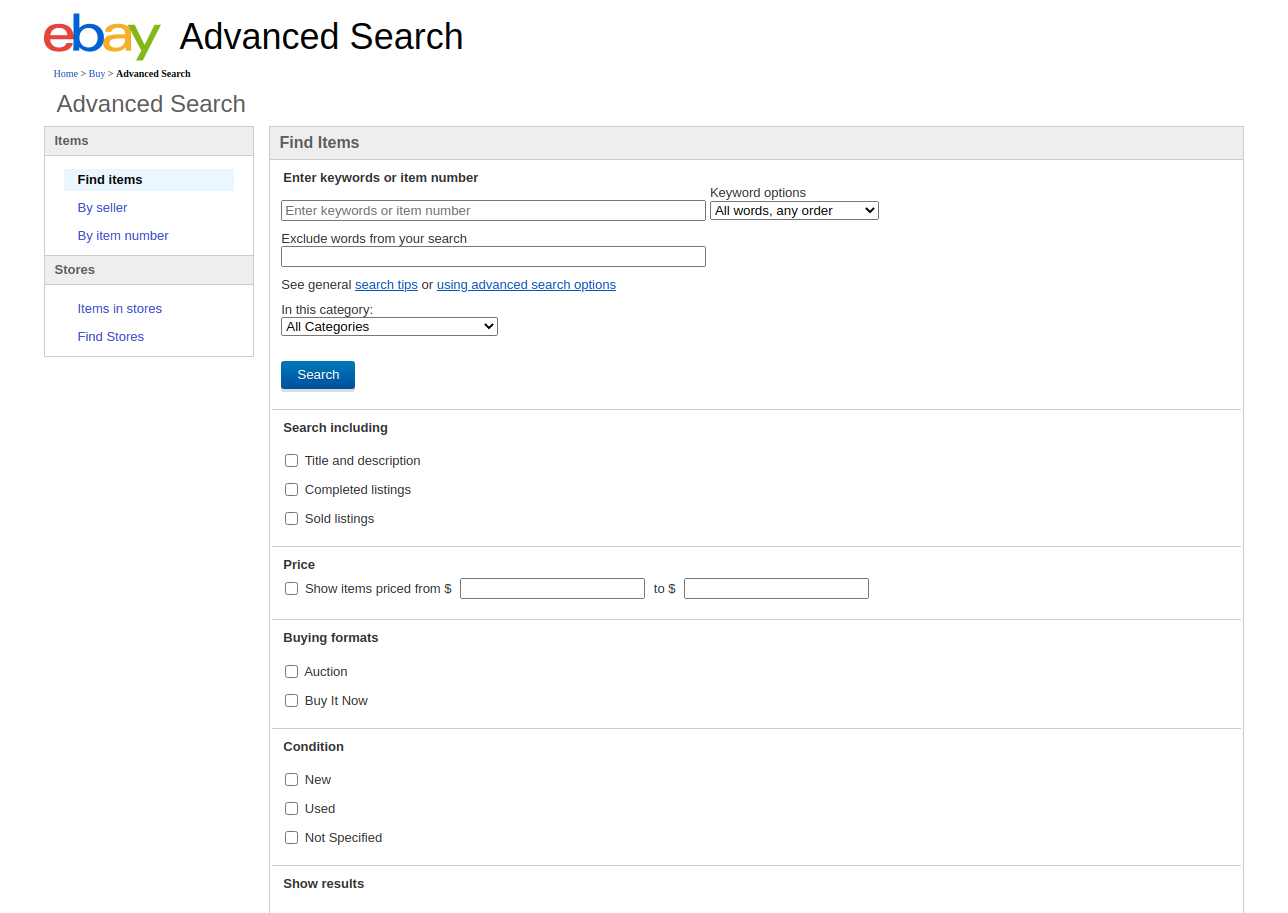 Screenshot of the search features on Ebay.com