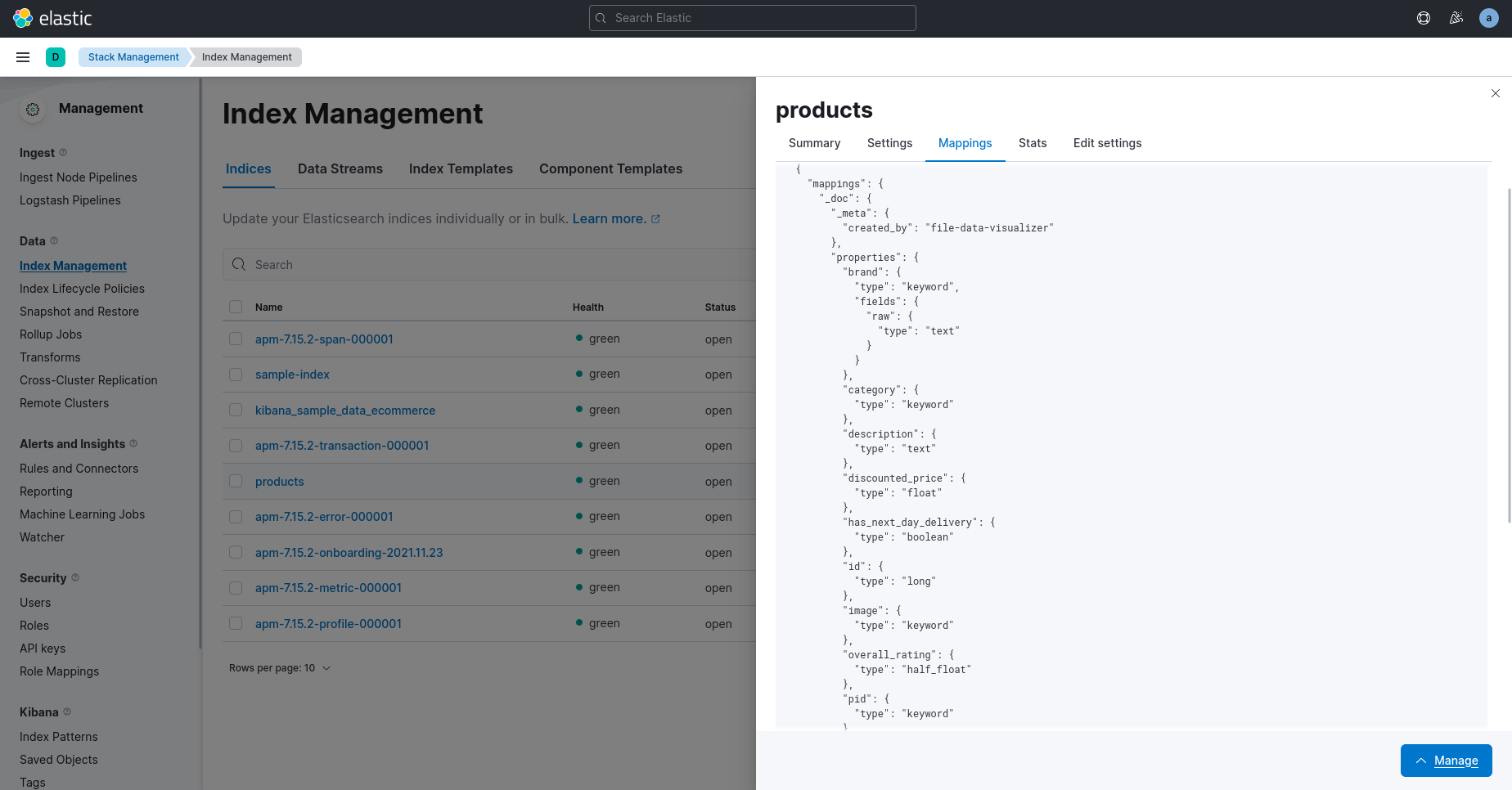 Screenshot: Index management in Kibana