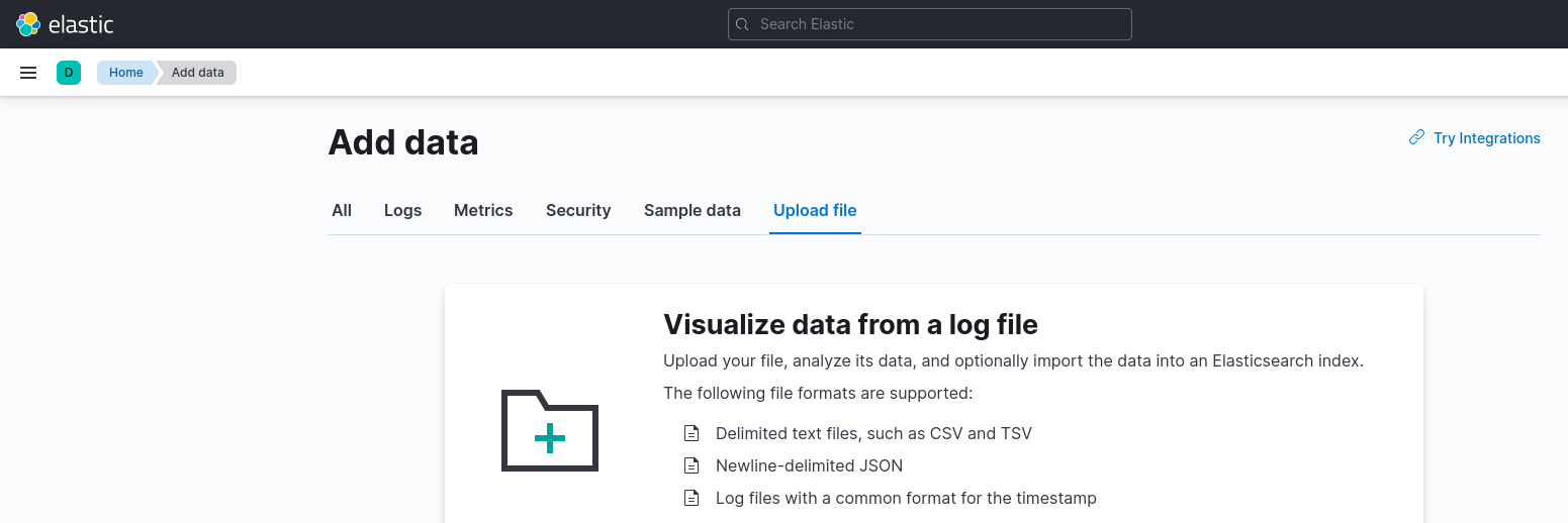 Screenshot: Uploading data on Kibana