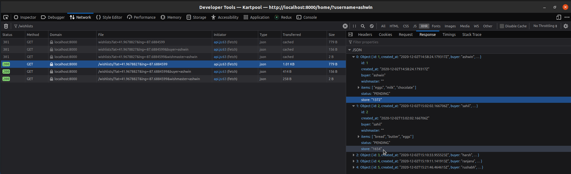 Screenshot of Google Chrome network tab showing the request response JSON